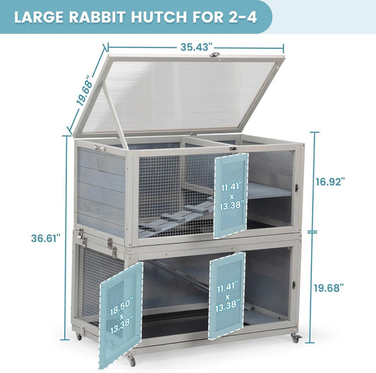Weatherproof Wooden Rabbit Hutch for Indoor Outdoor Use, 2 Story Bunny Cage House with Wheels, Small Animal Shelter with Pull Out Tray, Non-Slip Ramp, Chicken Coop, Pet House Guinea Pigs Quail