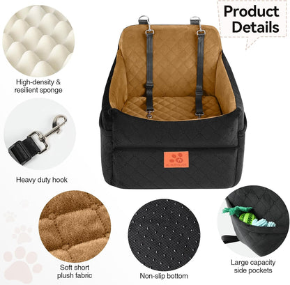 Dog Car Seat for Small/Medium Dogs, Dog Booster Car Seats with Thick Cushion for Dogs Under 35lbs, Detachable Washable Pet Car Seat with Storage Pockets, 2 Safety Belts(Black/Coffee)