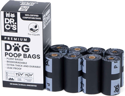 100% Certified Compostable Dog Poop Bags - Dr. C's Premium Dog Poop Bags - 120 Bags / 8 Rolls, Extra thick, Leak Proof, Unscented, Plant Based and Earth Friendly