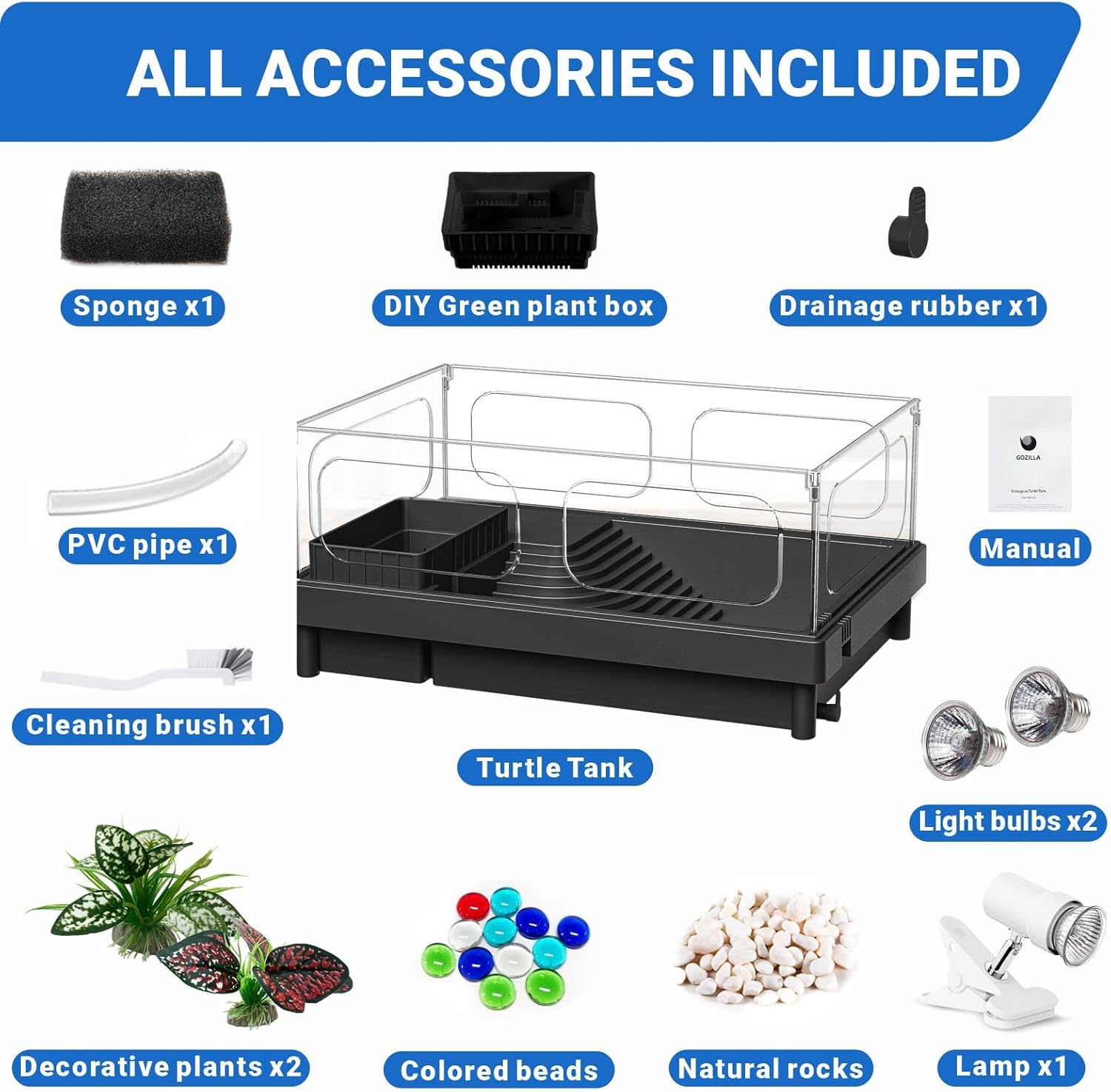 GOZILLA Small Turtle Tank with Adjustable Lamp, Acrylic Turtle Tank Starter Kit, Reptile Habitat and Terrarium with Multi-Functional Areas for Tortoise, Crab, Crayfish, Small Reptile.(Tank+Lamp) - Pawvie