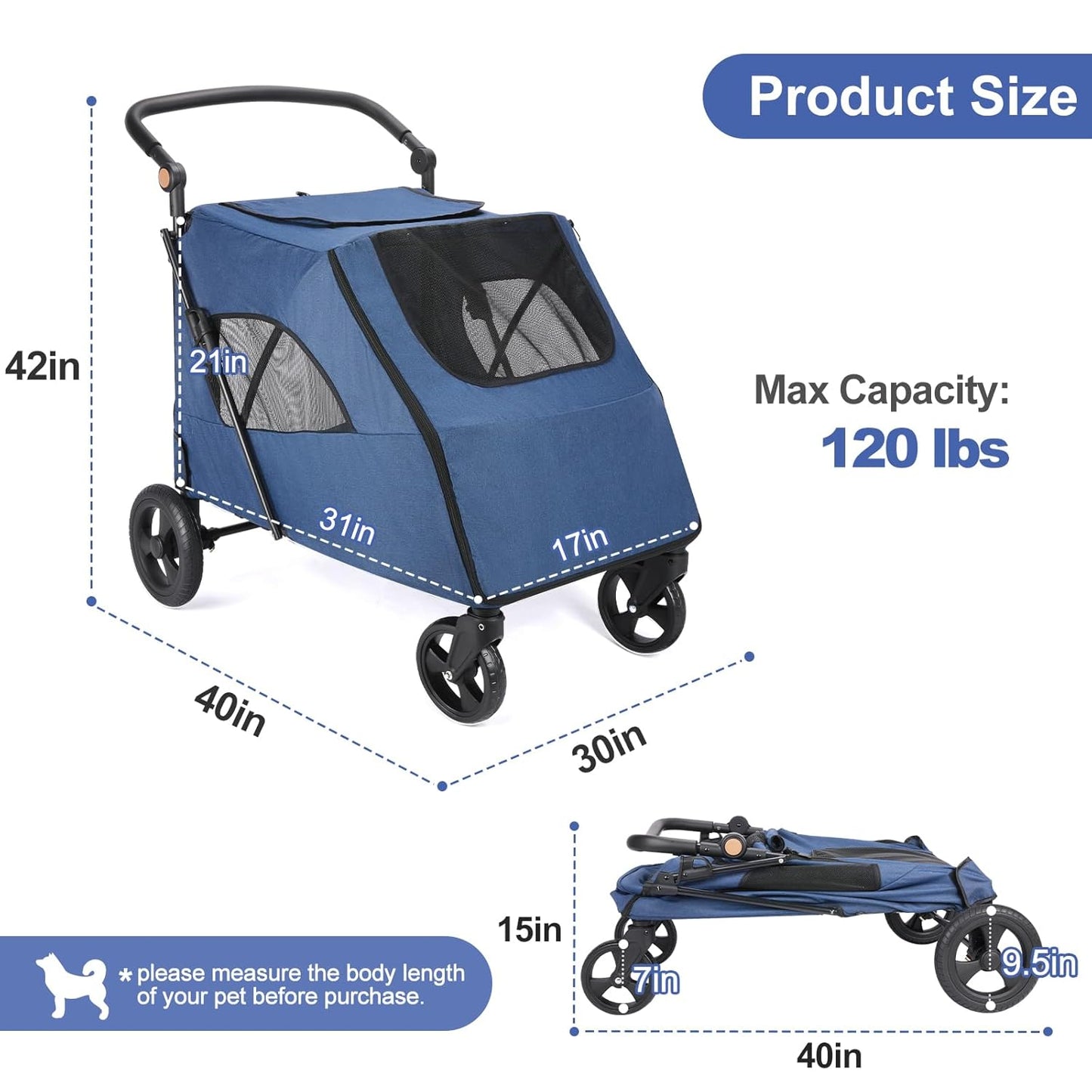 Large Dog Travel Stroller with 4 Heavy Duty Wheels Pet Stroller with Adjustable Handle - Double Doggie Capacity Jogger Wagon with Back Front Door for Small Medium Large Dogs (Navy-C) - Pawvie