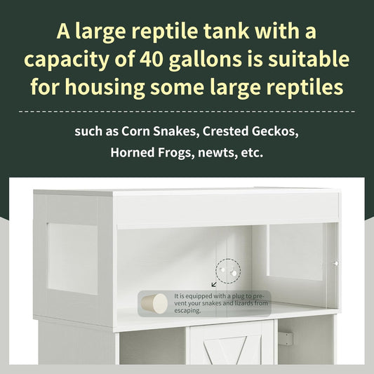 40 Gallon Reptile Terrarium Tank with Storage Cabinet, Reptile Tank with Stand, for Leopard Geckos, Corn Snakes, Juvenile Pets, Sliding Acrylic Doors, Mesh Top, Power Outlet, White PX03RTW