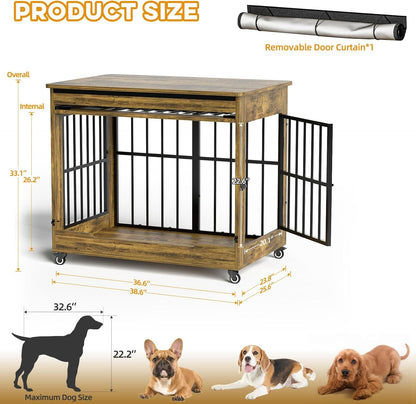 38" Dog Crate Furniture, Double Door Wooden Indoor Dog Kennel Furniture, Decorative Pet Cage End Table with Wheels for Large and Medium Breed Dogs, Size L, Rustic Brown