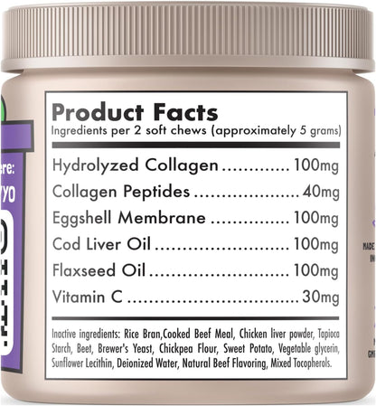 Collagen Dog Chews for Joint & Skin Health 120 Soft Chews All Breeds Mobility, Cartilage Repair & Pain Relief Hip & Joint Skin Coat Anti-inflammatory Support Eggshell Membrane Senior & Adult Dogs