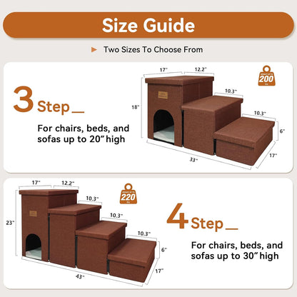 Dog Stairs with Condo 18" H, 3-Step Wider Dog Steps for High Beds Couch, Folding Storage Pet Stairs Gift for Small/Medium/Large Old Dogs Cats, Ramp for Climbing Car Up to 200 lbs, Brown