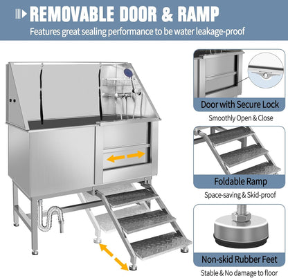50" Dog Bathing Station, Professional Dog Washing Station Stainless Steel Dog Grooming Tub for Home,Equipped with Three Anti-Slip Steps, Removable Door, Pet Wash Station for Pet (50" Right ramp)