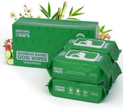 Pet Grooming Wipes - Unscented - Natural & Organic Bamboo Base - Freshening Wipes for Dog & Cat - Skin-Friendly & Gentle - Thick & Durable for Paws, Coat & Bum Cleansing - 400 Count