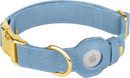 Leather Airtag Dog Collar - Soft Tracking Dog Collar with Apple AirTag Holder and Metal Buckle - Safety GPS Pet Collars for Small Medium Large Dogs Puppy Pink Red (Cornflower, S, 12"-15" Neck Fit)