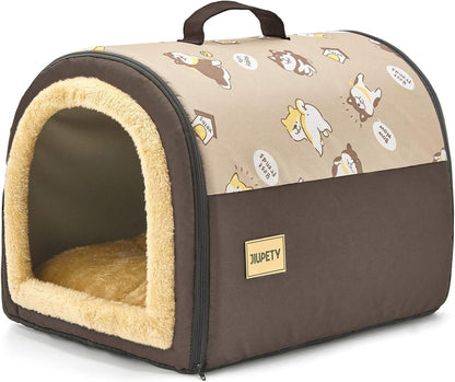 Jiupety Indoor Dog House, 2 in 1 Portable Foldable House Bed with Cover, Pet Tent & Cave Bed for Cats and Small Dogs, M(18"×14"×13"), Up to 9 Lb, Brown