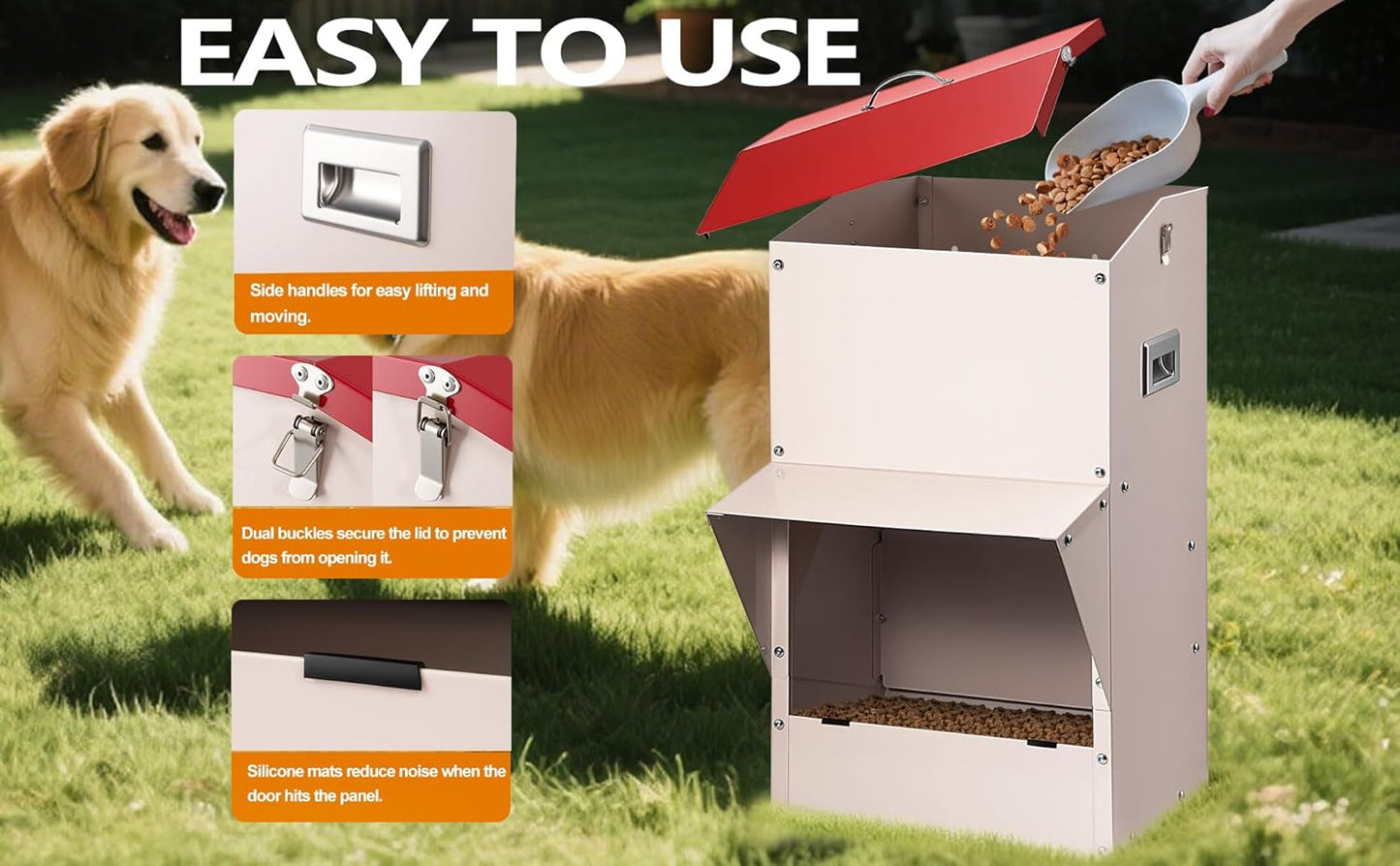 Automatic Dog Feeder Large Breed, 50 LB Capacity Outdoor Pet Food Dispenser, Powder-Coated Steel Gravity Dog Food Feeder with Clear Door, Wall Mountable, Weatherproof Self Feeders