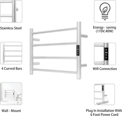 KEG Smart WiFi Towel Warmer Wall Mounted with Built-in Timer and Temperature Adjust Control, 4 Bars Electric Stainless Steel Heated Towel Racks for Bathroom Brushed Nickel