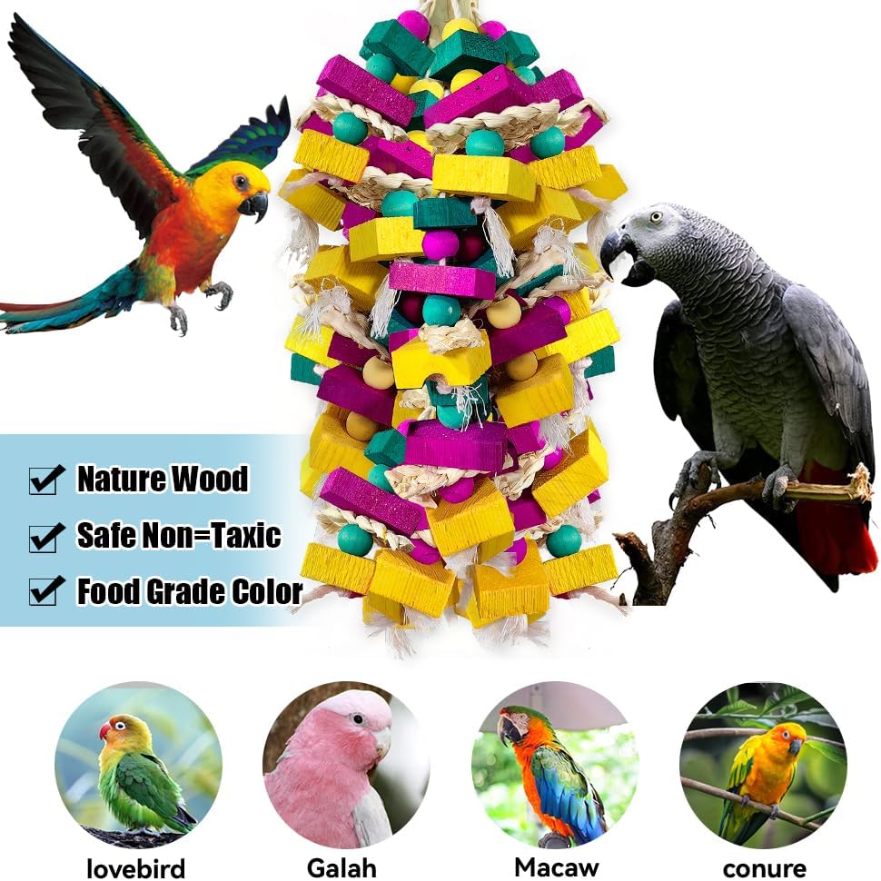 Large Bird Toys, Multi-Color Wooden Block with Bamboo Support Bird Chewing Toy Parrot Cage Bite Toy for Macaws Cokatoos African Grey and Large Medium Parrot Birds