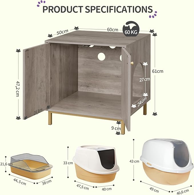 Cat Litter Box Enclosure, Hidden Litter Box Furniture Cabinet, Wooden Indoor Cat House, Side End Table, Living Room, Bedroom, Greige and Gold CB81205G