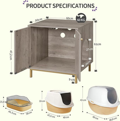 Cat Litter Box Enclosure, Hidden Litter Box Furniture Cabinet, Wooden Indoor Cat House, Side End Table, Living Room, Bedroom, Greige and Gold CB81205G
