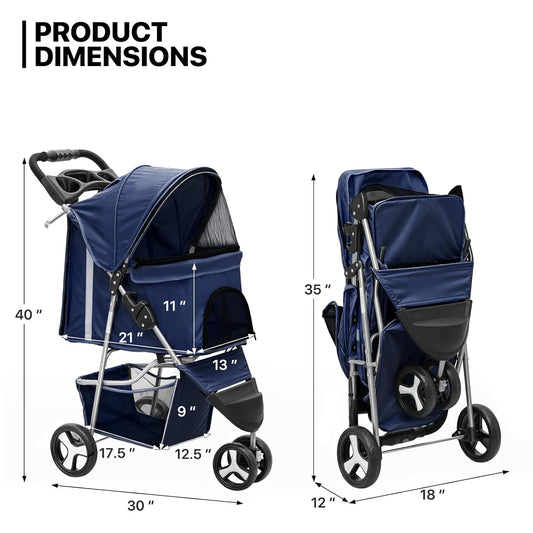 MoNiBloom 3 Wheels Pet Stroller, Foldable Dog Cat Cage Jogger Stroller with Weather Cover for All-Season, Storage Basket and Cup Holder, Breathable and Visible Mesh for Small/Medium Pets, Blue - Pawvie
