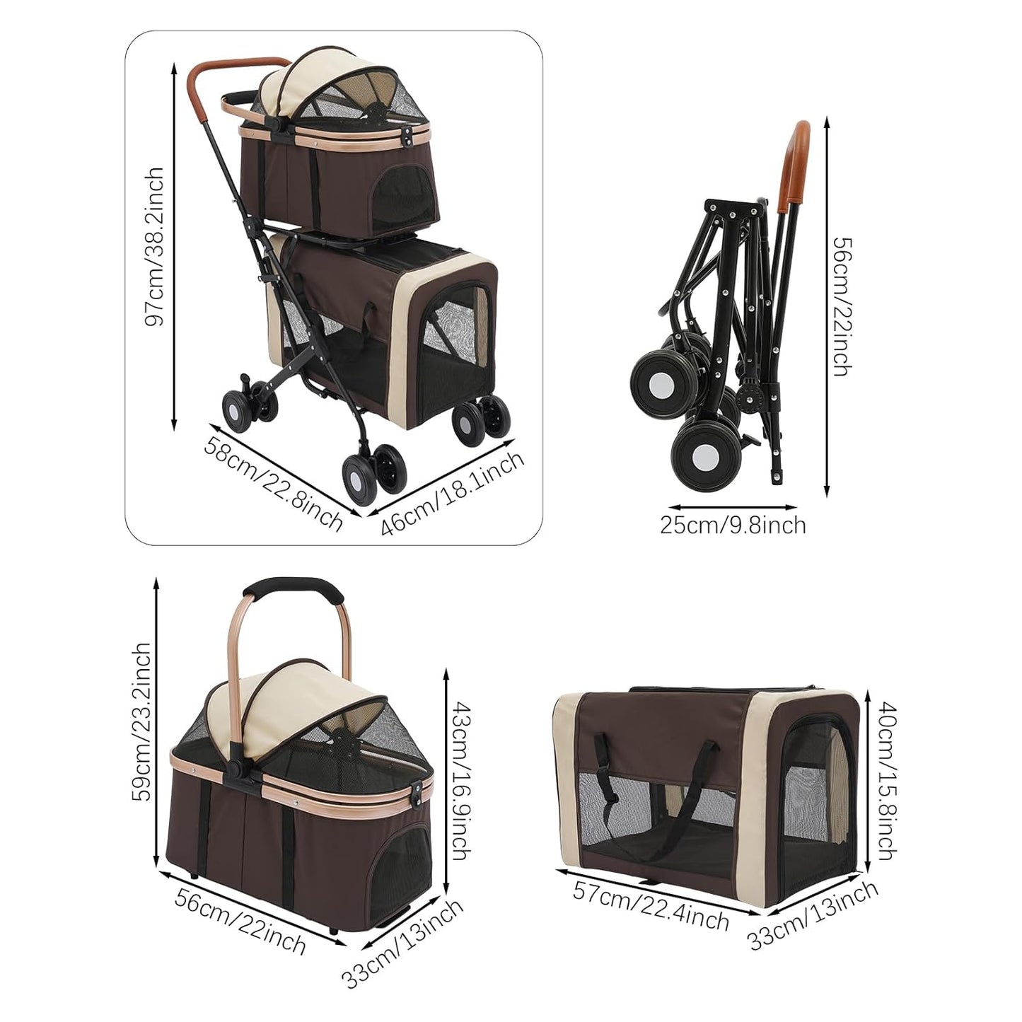 Double Pet Stroller for Dogs and Cats, Foldable Dog Stroller Travel Carriage with Detachable Carriers, Safety Belts, and 4 Lockable Wheels for Small to Medium Pets (Coffee Color) - Pawvie