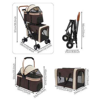 Double Pet Stroller for Dogs and Cats, Foldable Dog Stroller Travel Carriage with Detachable Carriers, Safety Belts, and 4 Lockable Wheels for Small to Medium Pets (Coffee Color) - Pawvie
