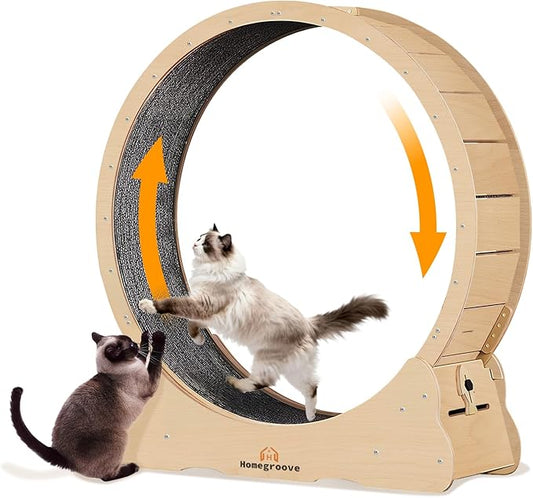 Homegroove XXL Cat Exercise Wheel, 52"/132cm Large Cat Wheel, Solid Wood Cat Treadmill with Integrated Safety Lock, Spine Alignment Design for Large Indoor (XXL, Natural Wood)
