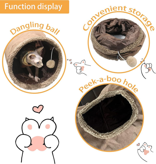 Cat Tunnel for Indoor Cats, 51Ă12 inch Foldable Big Cat Tunnel, Brown Suede Pet Tunnels with Two Peepholes and a Bubble Ball