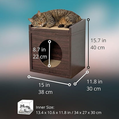 Meowdium Cat House – Cat Condo with Cardboard Scratcher, Scratching Post, Bed & Toy Storage, Cozy Cat Furniture & Accessories for Indoor Cats, Espresso