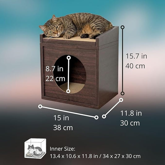 Meowdium Cat House – Cat Condo with Cardboard Scratcher, Scratching Post, Bed & Toy Storage, Cozy Cat Furniture & Accessories for Indoor Cats, Espresso