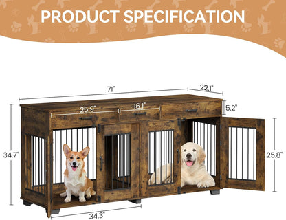 71'' Dog Crate Furniture, Wooden Indoor Dog Kennel for 2 Dogs with 3 Drawers and Removable Room Divider, XXL Double Dog Crate TV Stand End Table with Double Doors for Large Medium Dogs, Rustic Brown