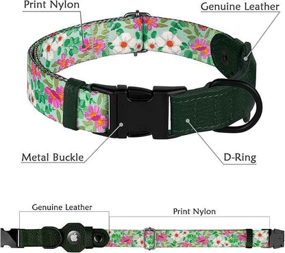 AirTag Dog Collar with Metal Buckle - Printed Nylon Soft Leather Dog Collar with Apple AirTag Holder - Secure Tracking GPS Pet Collars for Girl Boy Small Large Dogs (S, 12"-15" Neck Fit, Floral)
