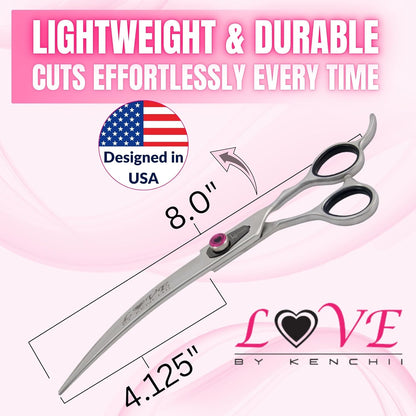 Kenchii Love Left Handed Dog Grooming Scissors, 8 Inch Curved Shears, Dog Scissors for Grooming, Professional Pet Grooming Scissors, Ergonomic & Comfortable