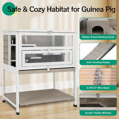 PetsCosset Guinea Pig Cages Hamster Cage Indoor with Stand Storage Wooden Outdoor Small Animals Habitat with Hideout House Pull Out Tray