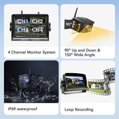 RV Backup Camera Wireless with 7" 1080P Monitor, for Furrion Pre-Wired RV, 4-Channel Split Screen System, Loop Recording, IR Night Vision, Wide Rear View Camera for Truck, Trailer, Camper