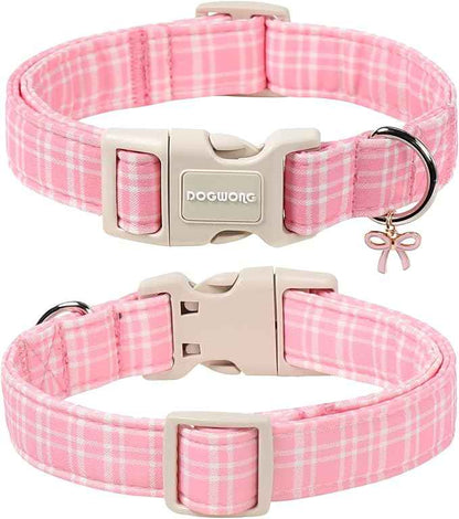 DOGWONG Pink Plaid Collar for Small Medium Large Dogs - Pink Dog Collar for Girl Female Dogs,M
