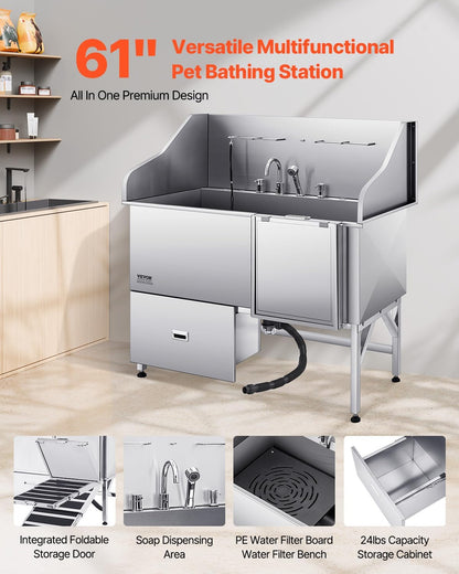 VEVOR Professional 304 Stainless Steel Dog Bathing Station, 61 inch Pet Grooming Tub w/Anti-Slip ramp, Storage Drawer, Cold Hot Faucet Showerhead for Large & Medium & Small (Right Door, with Drawer)
