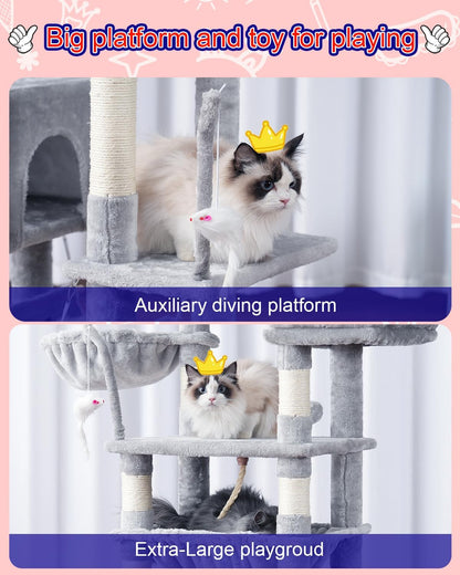 Cat Tree, Cat Tower for Large Cats with 2 Big Platforms, 2 Baskets, condo and Toys, 63" Cat Scratching Posts for Indoor Cats, Light Gray GCT020W