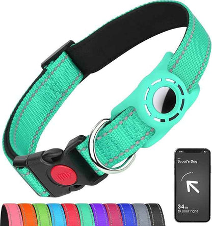 AirTag Dog Collar with AirTag Holder Compatible for Air Tag, Reflective Soft Padded, Safety Locking Buckle, Adjustable Nylon for Small Medium Large Dogs (Teal,S)