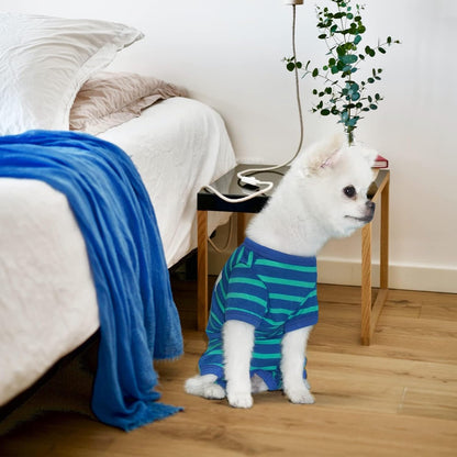 TONY HOBY Dog Pajamas for Female/Male, Dog Jumpsuit with Stripes for Small Medium Dogs, Soft and Comfortable 4 Legged Pajamas Dogs Clothes (Blue&Green, Boy, S)