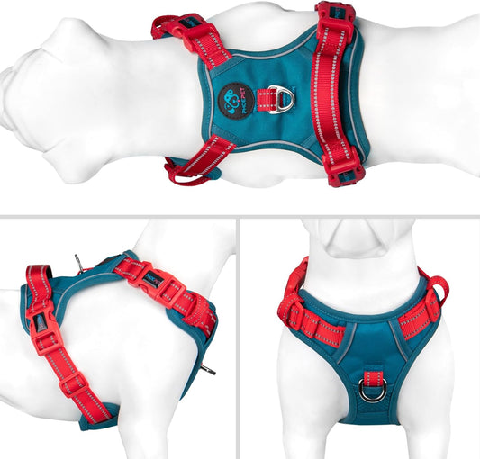 PHOEPET No Pull Dog Harness, Unique Colors Reflective Adjustable Dog Vest, with Soft Training Handle Metal Clips for Small Medium Large Dogs (Teal Base & Red Straps,S)