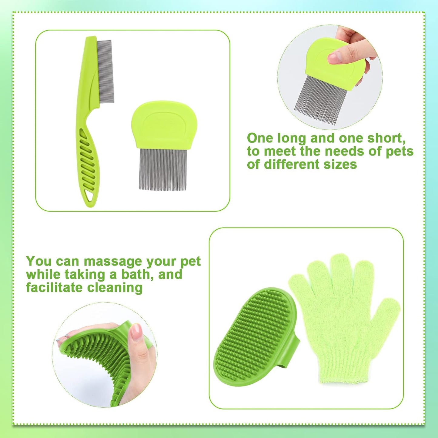 VCZONE 8 Pcs Small Animal Grooming Kit, Pink with Pet Nail Clipper and File, Flea Comb, Pet Shampoo Bath Brush, Pet Shedding Slicker Brush, Bath Massage Glove, Cleaning Comb (Green)
