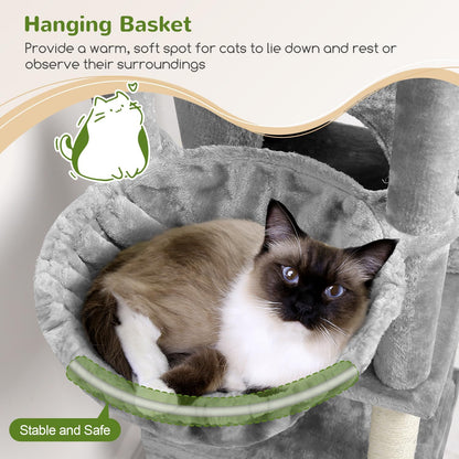 Globlazer Cat Tree Tower, 76-Inch Extra Tall Multi-Level Cat Furniture with Cozy Condos, Hammock and Perches for Adult Cats, Perfect for Climbing, Scratching, and Play, F76, Light Grey