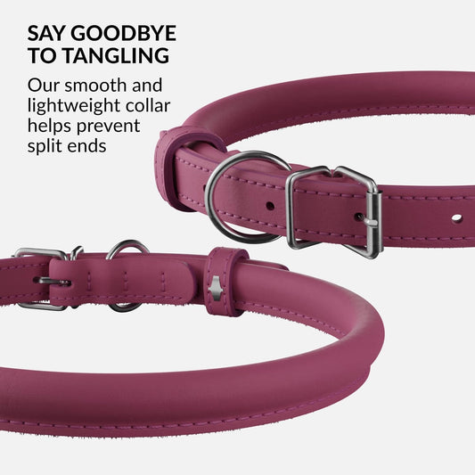 CollarDirect Rolled Leather Dog Collar, Soft Padded Round Puppy Collar, Handmade Genuine Leather Collar Dog Small Large Cat Collars 13 Colors (8-11 Inch, Pink Smooth)
