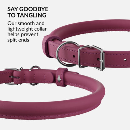 CollarDirect Rolled Leather Dog Collar, Soft Padded Round Puppy Collar, Handmade Genuine Leather Collar Dog Small Large Cat Collars 13 Colors (8-11 Inch, Pink Smooth)