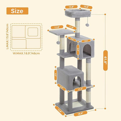 62" Cat Tree for Adult Cats - Multi-Level Tower with 2 Condos, Scratching Posts, Plush Bed & Pompoms, Gray