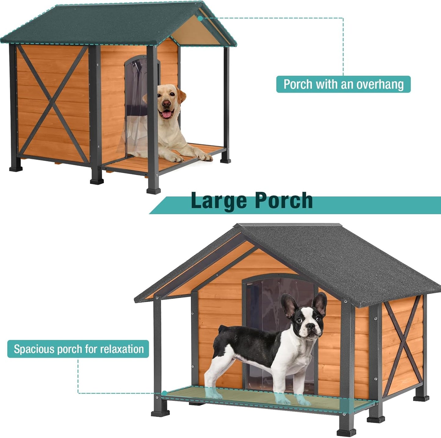 Outdoor Dog House with Insulated Liner,Weatherproof Wooden Dog Shelter for Medium and Large Sized Dogs,Iron Frame Indoor Outdoor Kennel,Pets Warm House in Winter with Large Porch