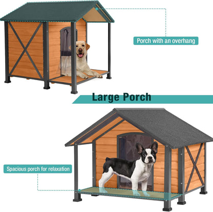 Outdoor Dog House with Insulated Liner,Weatherproof Wooden Dog Shelter for Medium and Large Sized Dogs,Iron Frame Indoor Outdoor Kennel,Pets Warm House in Winter with Large Porch