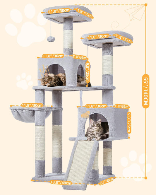 Taoqimiao 56.3-Inch Cat Tree, Cat Tower with Scratching Posts, Cat Tree House for Indoor Cats with hammocks, Toys, Condo and Large Scratch Board, Light Gray MS012W