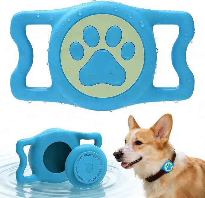 Waterproof Airtag Holder for Dog Collar,Stretchy Silicone|Full Body Covered|AirTag Holder Glow in the Dark, (Blue-Luminous)