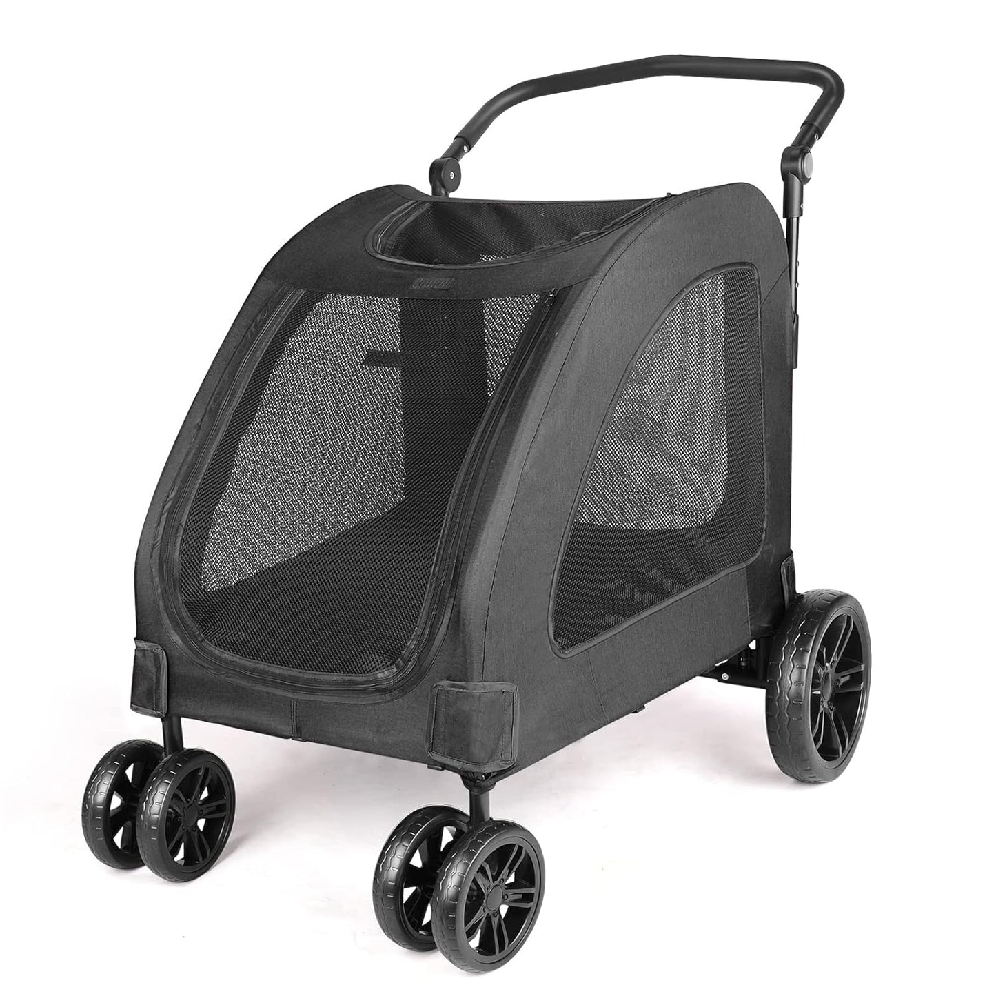 Large Dog Travel Stroller with 4 Heavy Duty Wheels Pet Stroller with Adjustable Handle - Double Doggie Capacity Jogger Wagon with Back Front Door for Small Medium Large Dogs (Black) - Pawvie