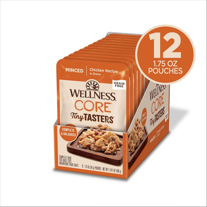 Wellness CORE Tiny Tasters Minced Adult Wet Cat Food, Natural, Protein-Rich, Grain Free, 1.75-Ounce Pouch, 12 Pack, (Chicken)