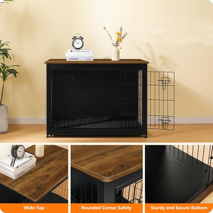 DWANTON Dog Crate Furniture with Cushion, Wooden Kennel Table with Double Doors, Indoor Dog House, Large Size, 38.5" L, Black+Warm Brown