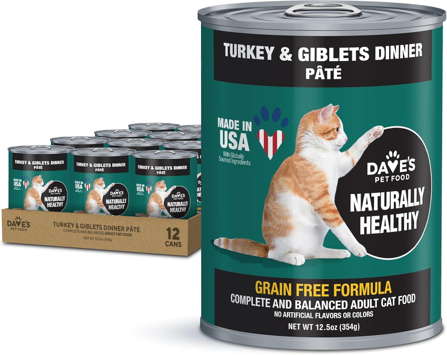 Dave's Pet Food Grain Free Canned Cat Food (Turkey & Giblets Pate), Made in USA Naturally Healthy Canned, Canned Pate, 12.5 oz Cans (12 Pack)