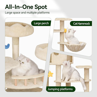 85inch Heavy Duty Cat Tree for Indoor Cats Large Adult, Tall Giant Cat Tower with Scratching Post, Large Perches, Cozy Cat Condos & Hanging Hammocks, Beige